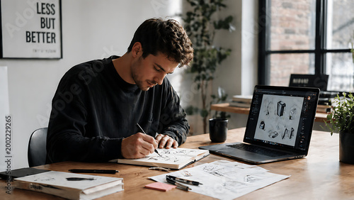 Young Hispanic man working on a laptop at a desk in a home office, studying and doing business or school work