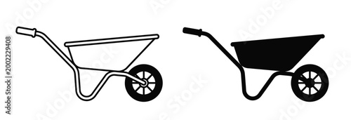 Two illustrations of a wheelbarrow, one as an outline and the other as a solid black silhouette, commonly used for gardening and construction tasks.