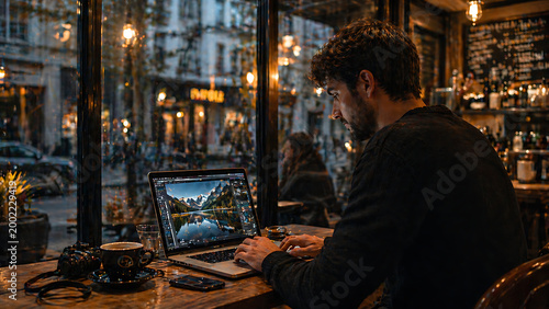 A man working on a machine in a factory while people around him work with computers in an indoor office setting at night