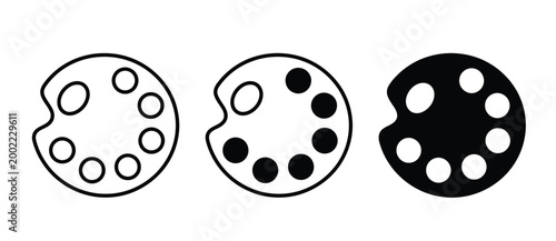 Three variations of a painter's palette icon, showing outline, partially filled, and solid black designs with paint wells.