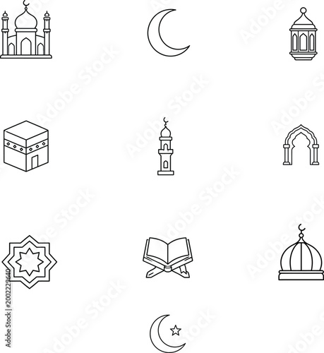 Islamic line icons set with mosque, crescent, Kaaba and Quran
