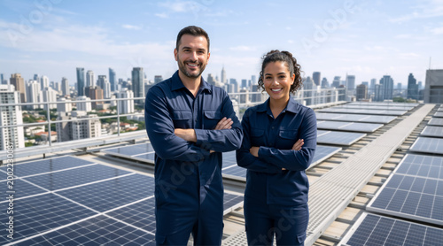 Smiling male and female technicians with crossed arms standing on a rooftop with solar panels. Professional workers in blue uniforms with city skyline in background. Renewable energy concept