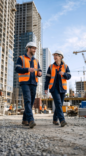 Two smiling construction workers walking and talking on a building site. Vertical photo of a male and female engineer in hard hats and safety vests. Teamwork and collaboration concept