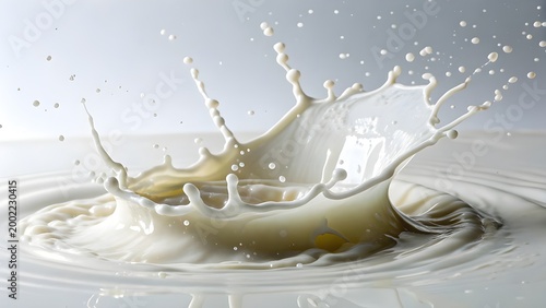 Close-up of a dynamic milk splash crown and droplets with high speed formation movement beverage refreshing nutrition ingredient viscosity abstract artistic creative explosion photography
