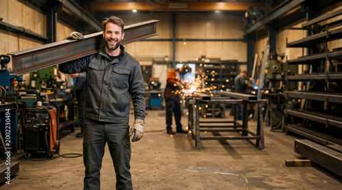 Smiling industrial worker carrying a steel beam in a factory. Professional man in grey workwear at a metal manufacturing workshop. Heavy industry and construction concept