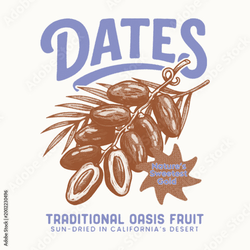 Vintage T-shirt design featuring a hand-drawn dates fruit branch with palm leaves. Retro California desert theme with textured blue typography. Dates Fruit Print. Dates vintage t shirt design. fruit a