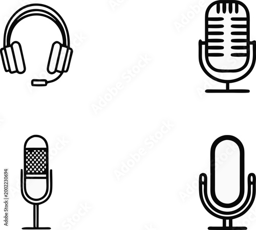 Microphone Set Audio Recording Equipment Collection. Studio Microphone Audio Equipment Collection Set. Podcast Microphone Recording Equipment Collection. Professional Microphone Audio Device Set