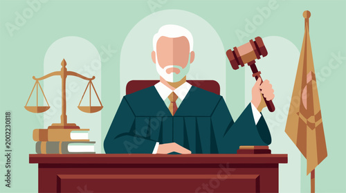 Foto Judge with gavel, scales of justice, and books in a courtroom setting