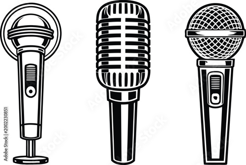 Microphone Set Audio Recording Equipment Collection. Studio Microphone Audio Equipment Collection Set. Podcast Microphone Recording Equipment Collection. Professional Microphone Audio Device Set