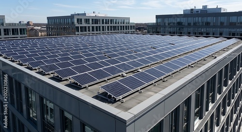 solar panel installation on modern commercial building rooftop with cityscape background