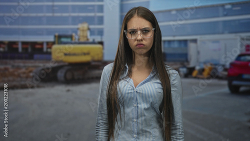 Fotografie Young woman with glasses and puffed cheeks, arms crossed in front of a construction building wearing a striped shirt and long hair; frustration delay complaint