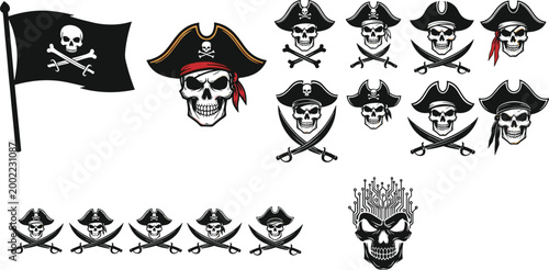 Pirate Skull and Crossbones Icon Set with Jolly Roger Flag and Captain Characters in Vintage Vector Style for Adventure Game and Tattoo Design