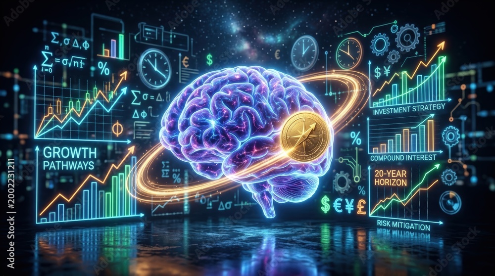Obraz premium Glowing coin orbiting brain with financial graphs and investment data