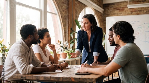 Diverse group of business professionals engaged in a meeting around a wooden table in a modern office with a whiteboard and brick walls