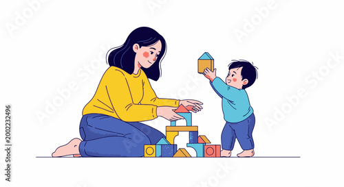 Mother and child playing with building blocks, fostering creativity and development. Happy family moments, early childhood education, and playful learning.