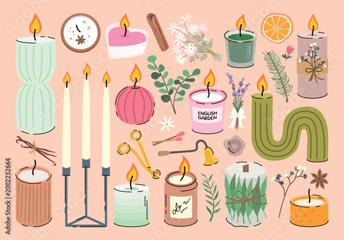 Hand drawn colorful collection of burning candles. Decorative wax candles of various sizes and shapes, candlesticks, accessories for candles, dried flowers and fruits for aromatherapy and relaxation. 