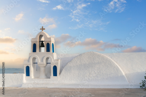 Canvastavla white church belfry, beautiful details of Santorini island, Greece