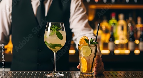 Golden beer in a tall glass with lime slice and beer bottles on wooden table