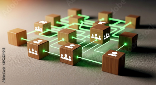 Wooden blocks with glowing green connections represent teamwork and networking
