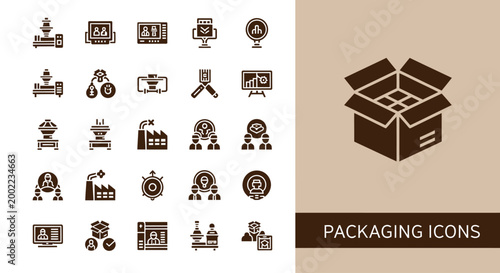 Set of flat icons representing packaging industry processes and elements.