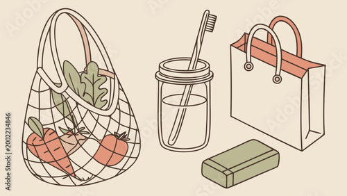 Eco friendly shopping set with reusable bag vegetables glass jar paper bag and soap sustainable lifestyle concept