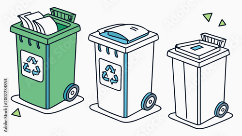Recycling bins for waste sorting with paper plastic and glass separation eco friendly waste management concept