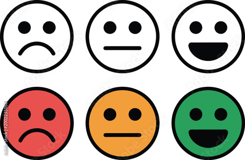 Emoticon face icon set, vector illustration of faces expressing emotions from sad to happy for mood indicators user feedback and messaging design.