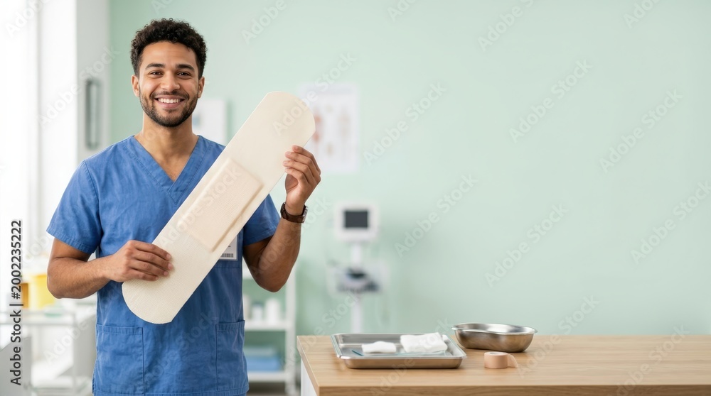 Fototapeta premium Young male nurse smiling and holding oversized bandage in medical clinic
