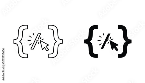 Coding syntax brackets with cursor click icon set in outline and solid black styles for programming and software development user interface elements