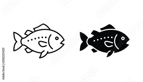 Common fish icon set in outline and solid black styles for fishing industry and commercial food market graphic design