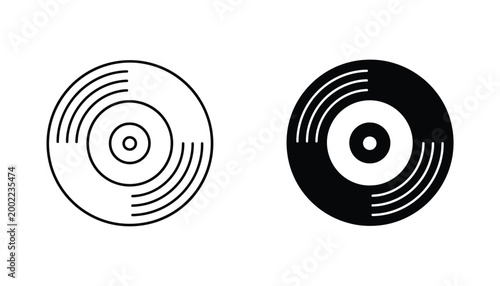 Vintage vinyl record icon set featuring classic disc design in line art and solid black silhouette for music industry branding and retro media design elements