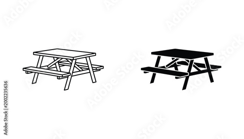 Classic wooden picnic table icon set featuring outdoor furniture design in outline and solid black styles for park and recreational graphic projects