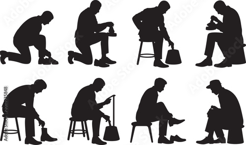 Cobbler Shoe Repair Silhouette Set with Men Fixing Footwear, Polishing Shoes, Workshop Craftsmanship and Traditional Repair Work Activities