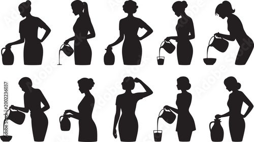 Woman Pouring Water Silhouette Set with Female Holding Jug, Filling Containers, Domestic Activities, Household Tasks and Daily Life Hydration Sceneslustration
