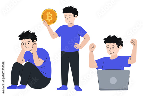 Crypto trader emotions set, bitcoin investment journey, sad worried and successful man, on white background. Collection of young male character in different states: stressed and disappointed investor 