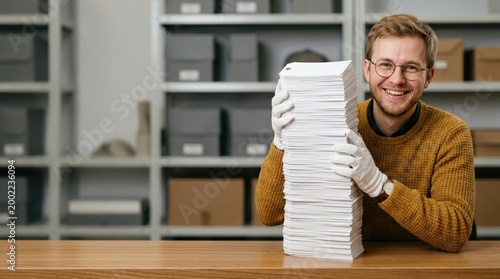 Young male museum registrar smiling with large stack of documents