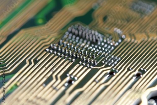 Extreme close-up of intricate golden circuit board traces and pins