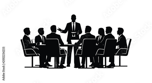 meeting room with people seated around table and presenter standing silhouette high quality professional detailed modern elegant stylish clean crisp vibrant