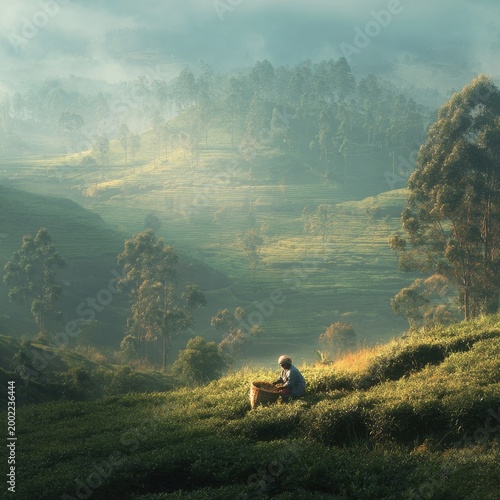 Sri Lankan Woman Harvesting Tea in Misty Highland Terraces at Sunrise