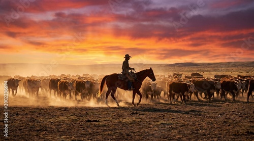Cowboy herding cattle across dusty desert landscape at sunset