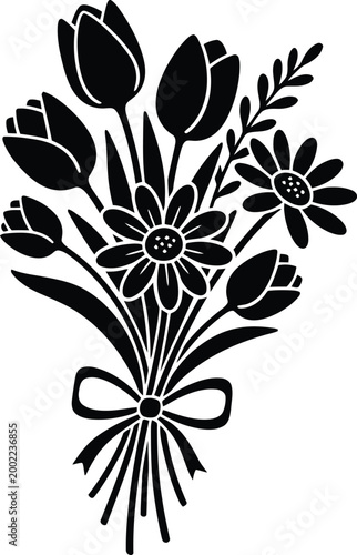Elegant floral silhouette tulips daisies and a tied ribbon bouquet