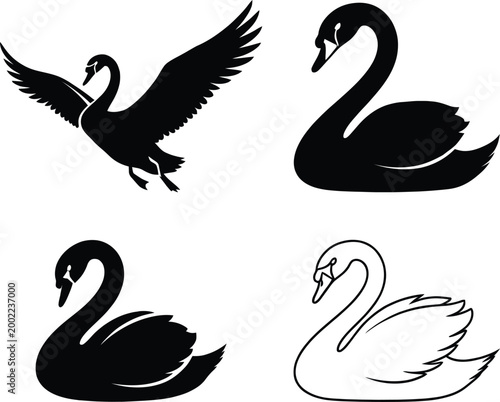 Swan silhouettes a collection of elegant waterfowl in black and white