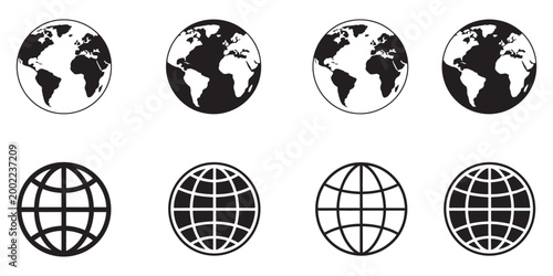 Modern Globe Icon Set Vector, black and white world symbols, global network concept, geography travel international connection, clean UI design elements