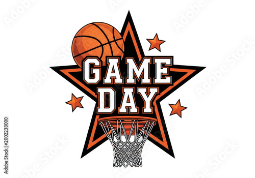 Vibrant game day illustration with basketball hoop and ball on transparent background