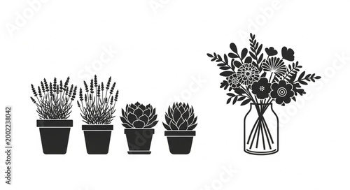Black Silhouette Potted Plants and Flower Bouquet.