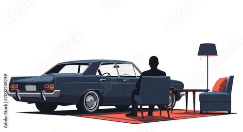 Man Sits In Car Interior With Furniture And Lamp.