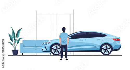Man Standing Next to Electric Car and Sofa.