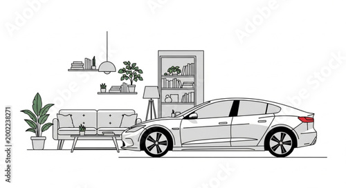 Modern Electric Car in a Stylish Living Room Interior.