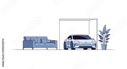 Modern electric car parked under a minimalist carport next to a sofa and potted plant.