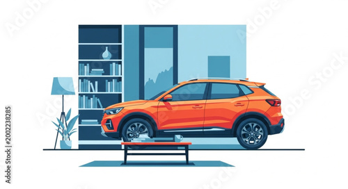 Modern Orange SUV Car Interior Living Room Scene.